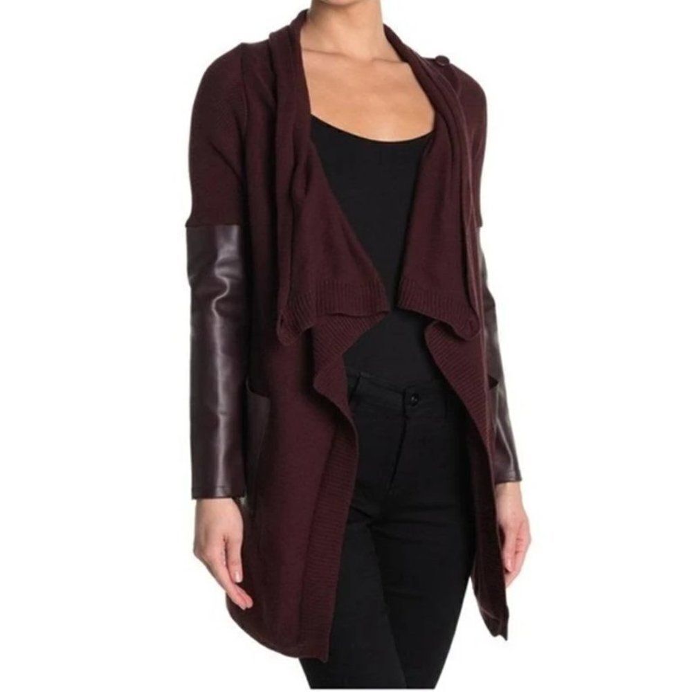 Blank NYC Burgundy Knit Faux Leather Trim High Low Cardigan Size XS